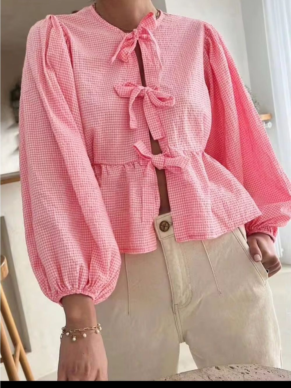 Pink Tie-Front Puff Sleeve Blouse - Unbranded peplum with bows gingham
